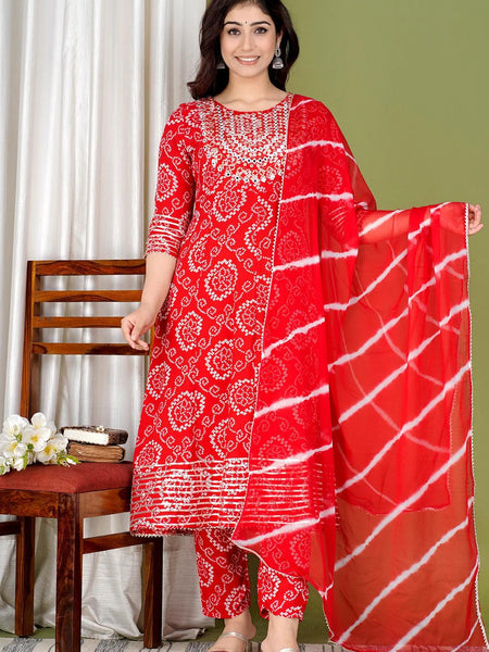 Red Bandhej Embroidered Cotton Flared Women Kurta Pyjama Dupatta Set