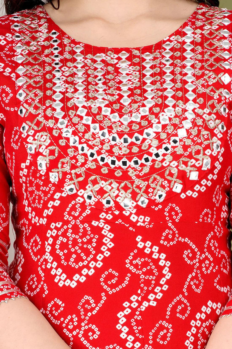 Red Bandhej Embroidery View of Women Kurta Pyjama Dupatta Set