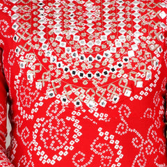 Red Bandhej Embroidery View of Women Kurta Pyjama Dupatta Set