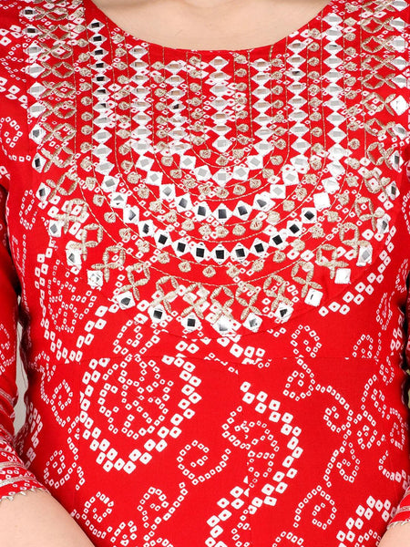 Red Bandhej Embroidery View of Women Kurta Pyjama Dupatta Set