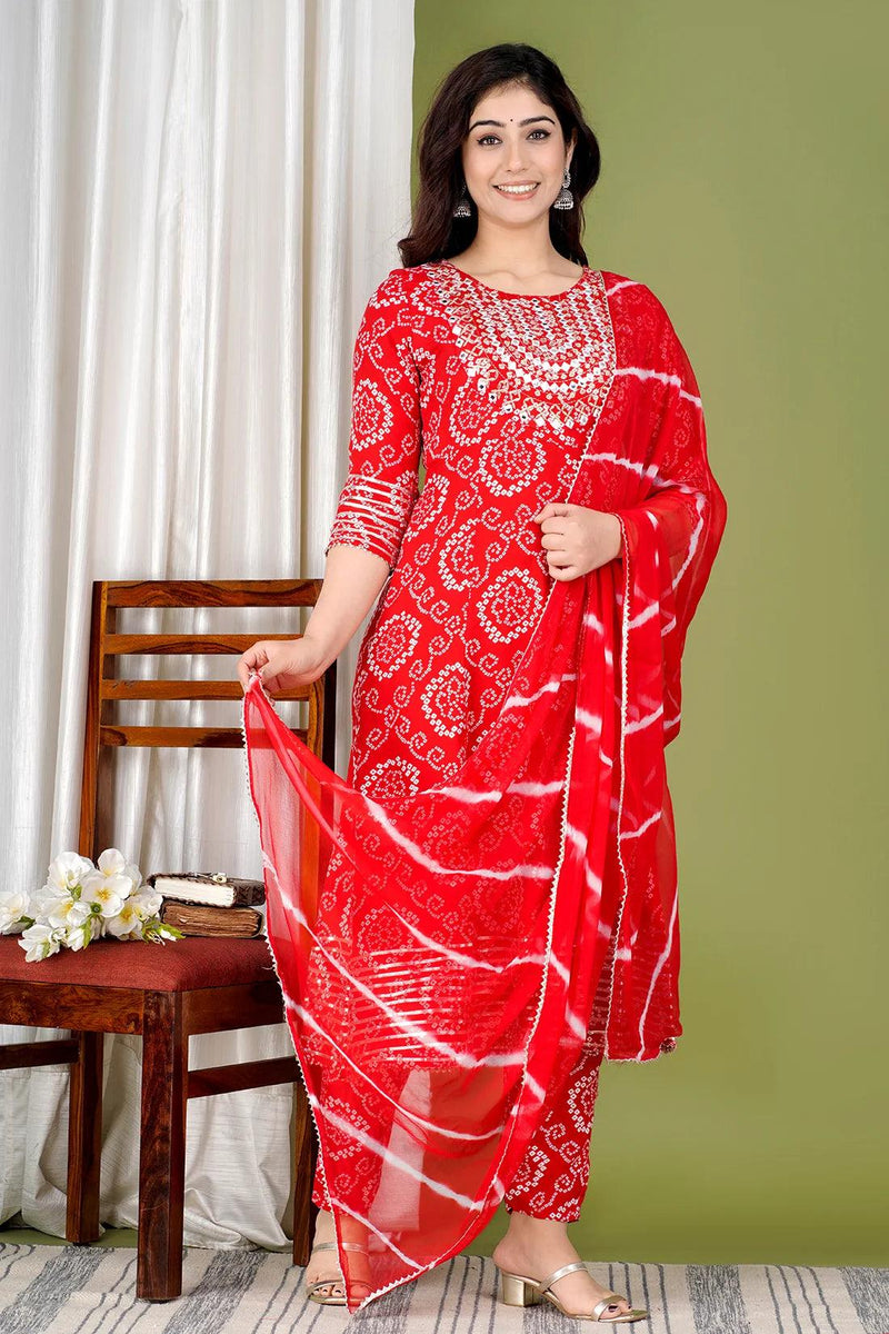 Red Bandhej Embroidered Cotton Flared Women Kurta Pyjama Dupatta Set