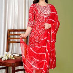 Red Bandhej Embroidered Cotton Flared Women Kurta Pyjama Dupatta Set