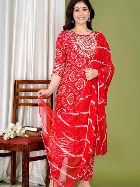 Red Bandhej Embroidered Cotton Flared Women Kurta Pyjama Dupatta Set