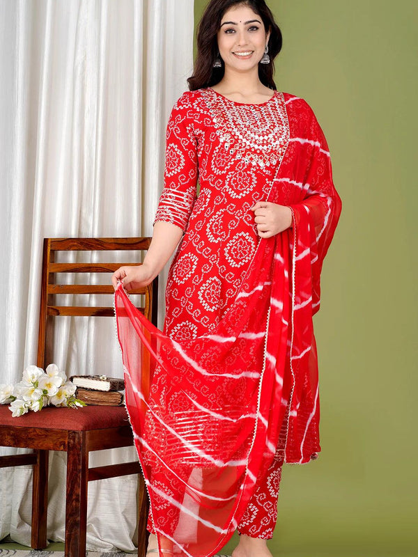 Red Bandhej Embroidered Cotton Flared Women Kurta Pyjama Dupatta Set