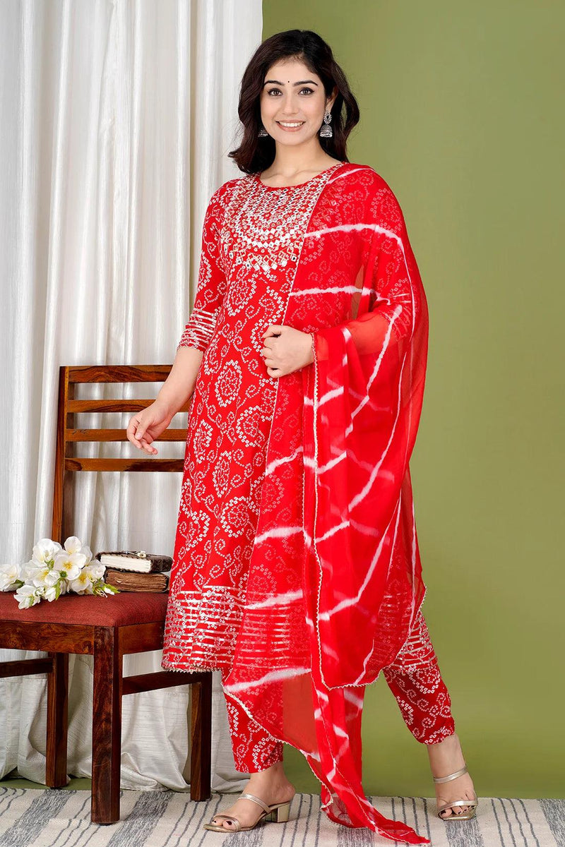Red Bandhej Embroidered Cotton Flared Women Kurta Pyjama Dupatta Set