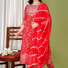 Red Bandhej Embroidered Cotton Flared Women Kurta Pyjama Dupatta Set
