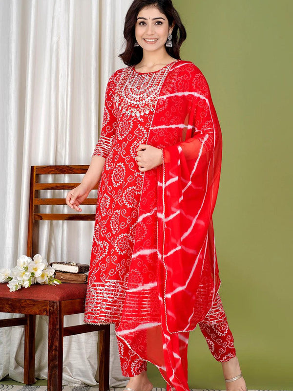 Red Bandhej Embroidered Cotton Flared Women Kurta Pyjama Dupatta Set