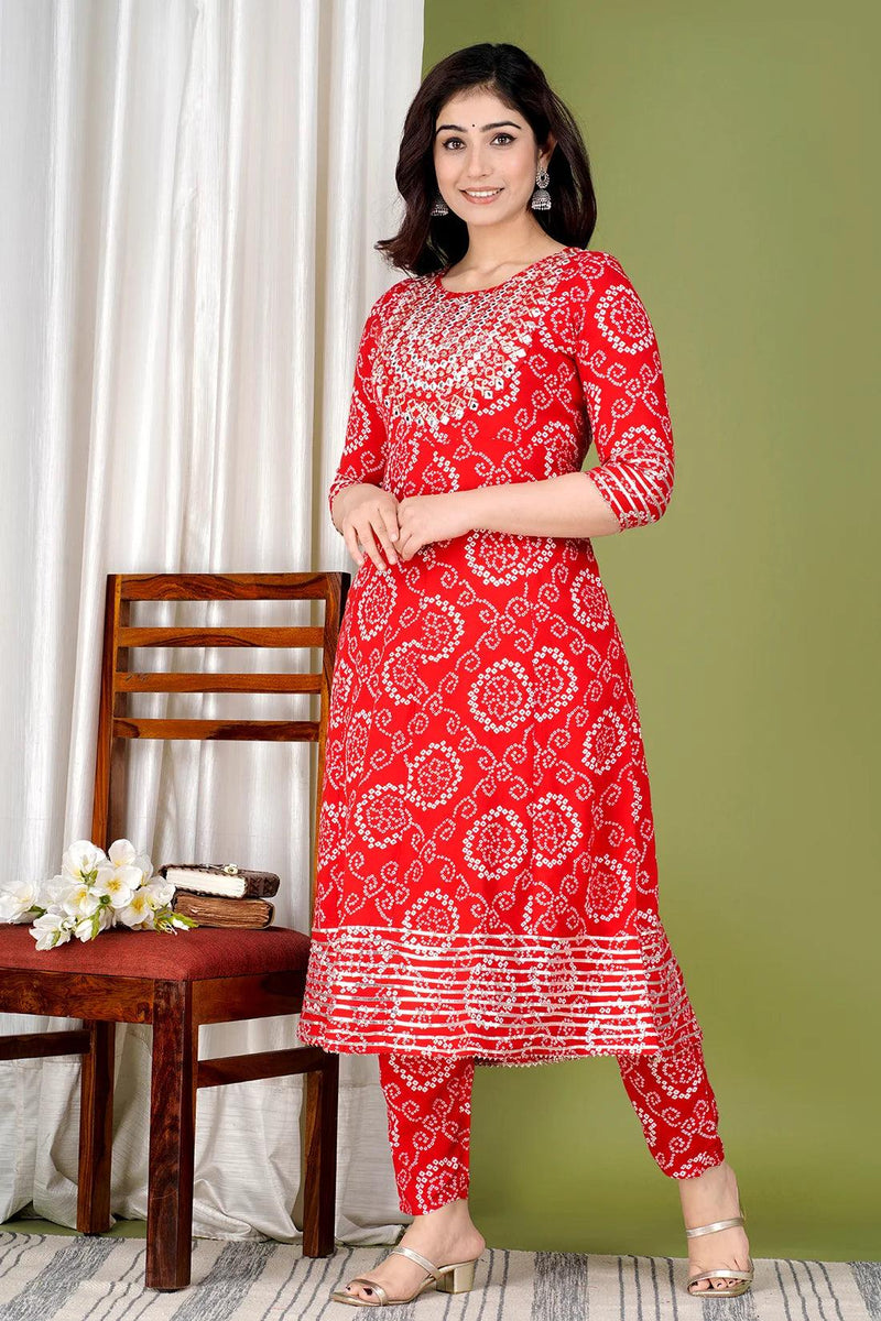 Red Bandhej Embroidered Cotton Flared Women Kurta Pyjama Dupatta Set