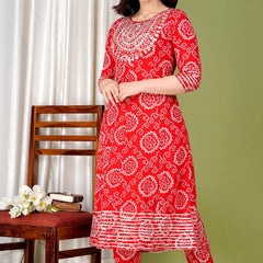 Red Bandhej Embroidered Cotton Flared Women Kurta Pyjama Dupatta Set