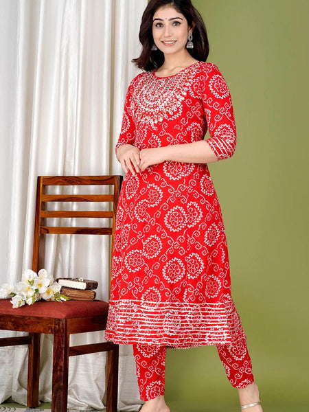 Red Bandhej Embroidered Cotton Flared Women Kurta Pyjama Dupatta Set