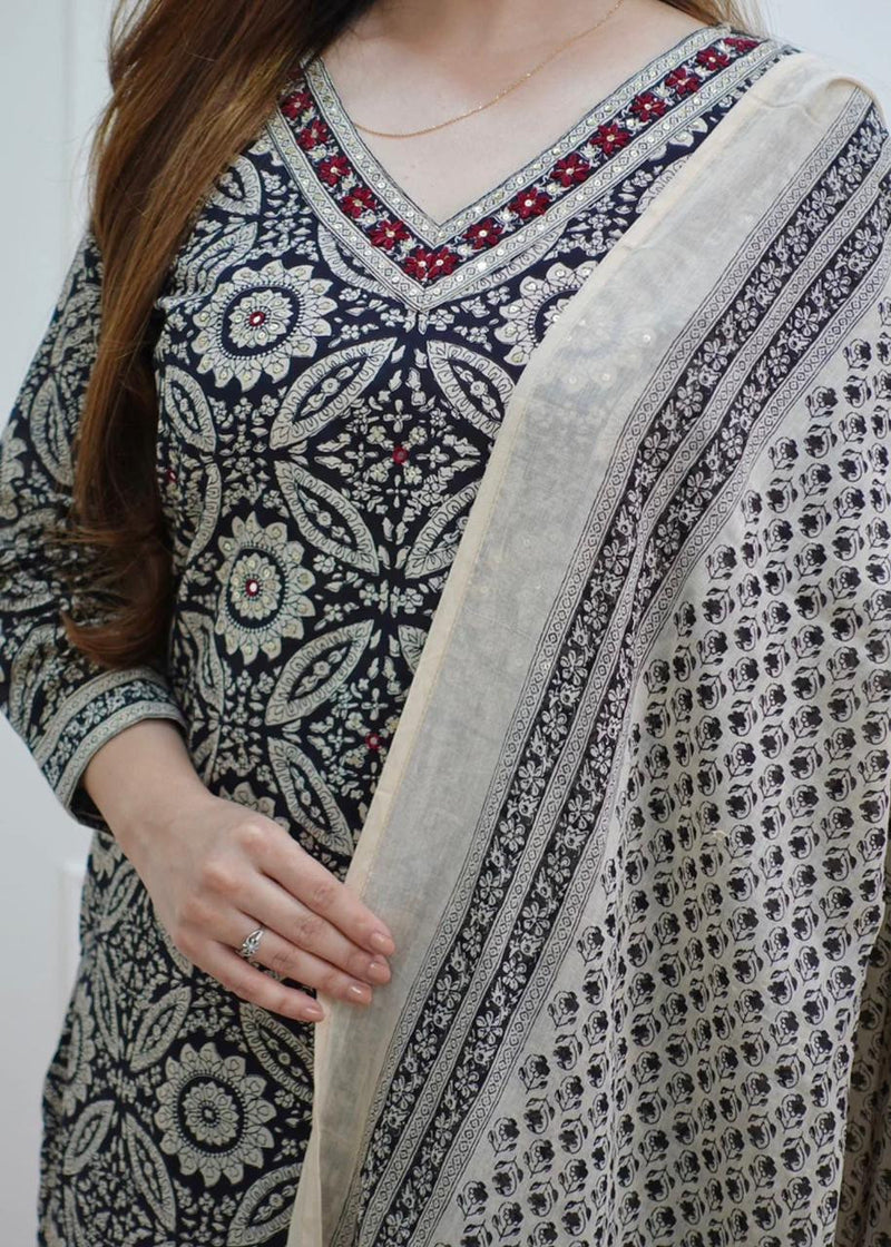 Women’s Printed Kurta Set with Dupatta | Designer Handwork Neck Design