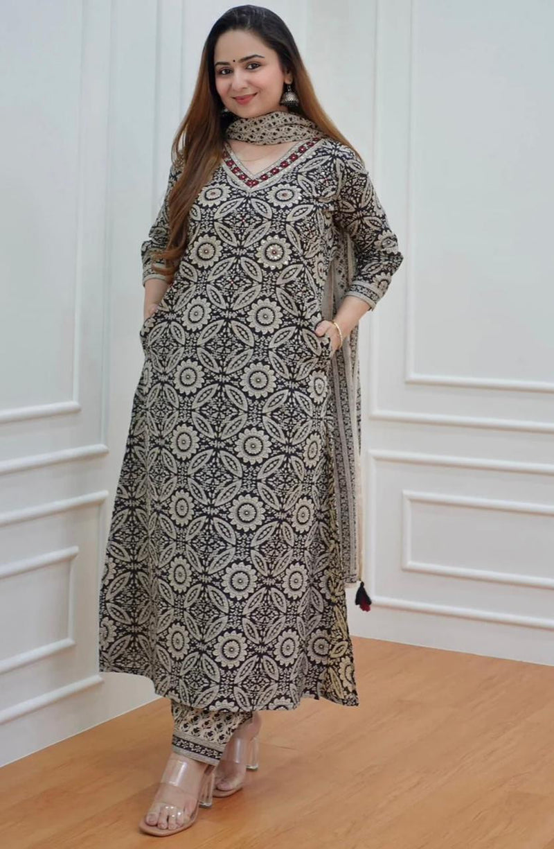 Women’s Printed Kurta Set with Dupatta | Designer Handwork Neck Design