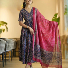 Elegant Navy Blue Floral Anarkali Kurta with Pink Dupatta – Festive Ethnic Wear