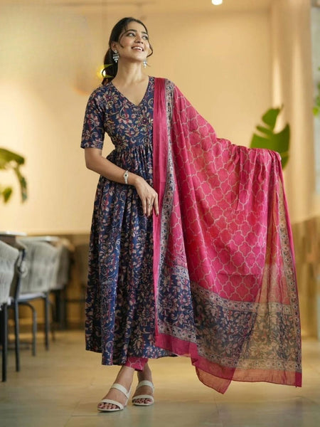 Elegant Navy Blue Floral Anarkali Kurta with Pink Dupatta – Festive Ethnic Wear