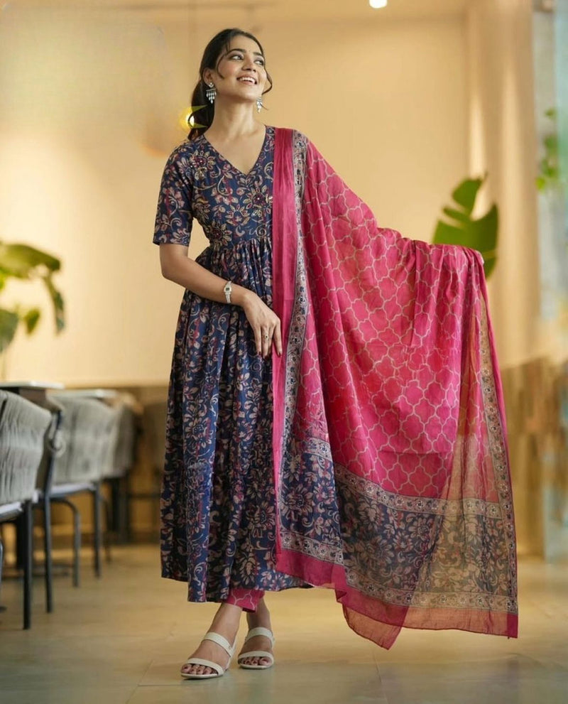 Elegant Navy Blue Floral Anarkali Kurta with Pink Dupatta – Festive Ethnic Wear