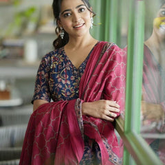 Elegant Navy Blue Floral Anarkali Kurta with Pink Dupatta – Festive Ethnic Wear