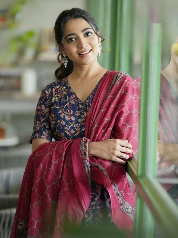 Elegant Navy Blue Floral Anarkali Kurta Set with Pink Dupatta