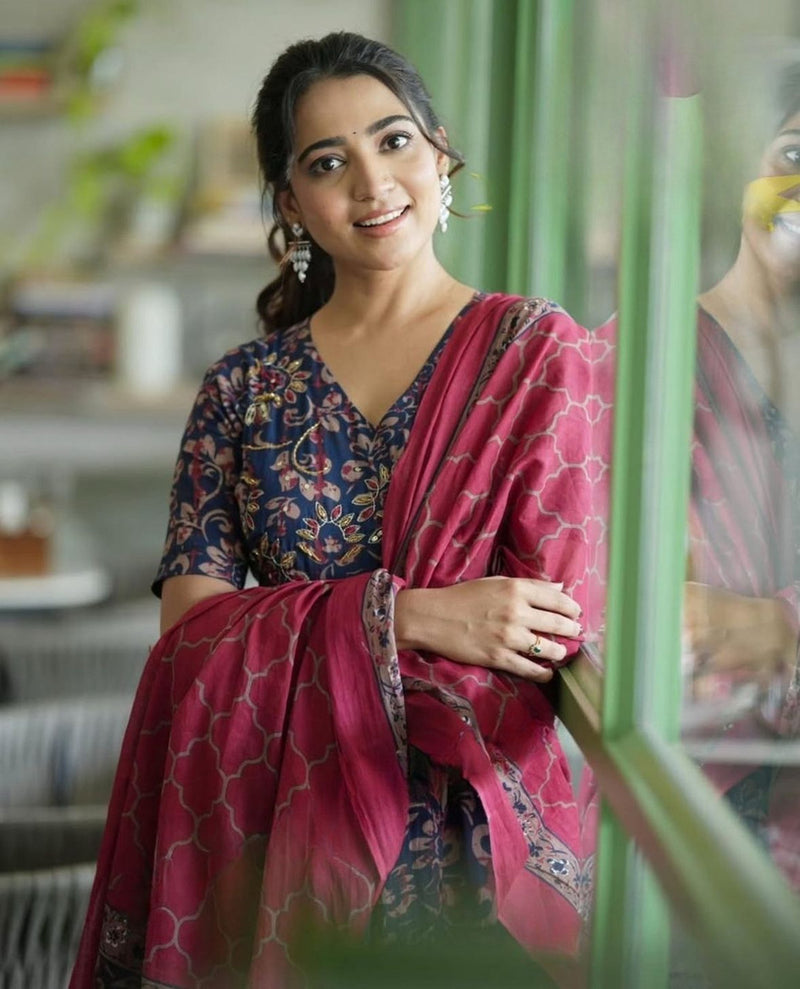 Elegant Navy Blue Floral Anarkali Kurta with Pink Dupatta – Festive Ethnic Wear