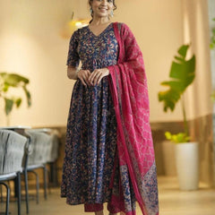 Elegant Navy Blue Floral Anarkali Kurta with Pink Dupatta – Festive Ethnic Wear