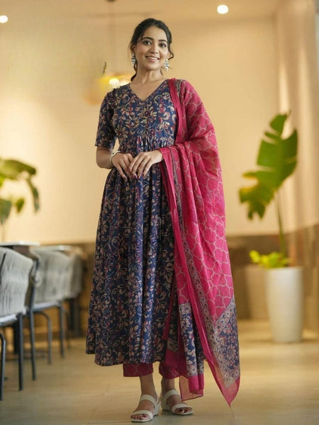 Elegant Navy Blue Floral Anarkali Kurta with Pink Dupatta – Festive Ethnic Wear