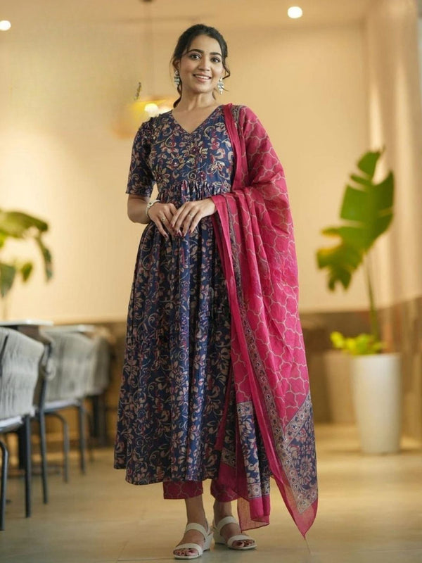Elegant Navy Blue Floral Anarkali Kurta Set with Pink Dupatta