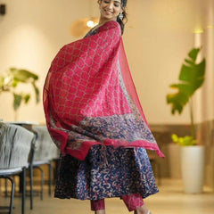 Elegant Navy Blue Floral Anarkali Kurta with Pink Dupatta – Festive Ethnic Wear