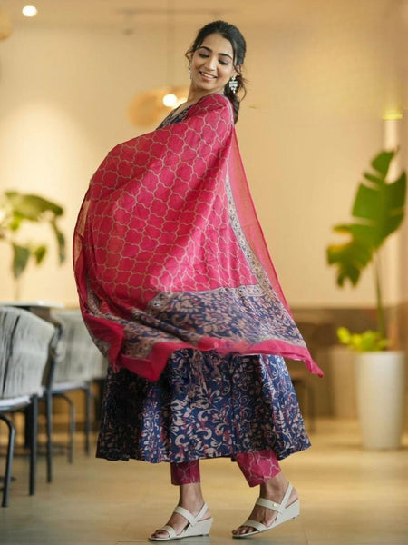 Elegant Navy Blue Floral Anarkali Kurta with Pink Dupatta – Festive Ethnic Wear
