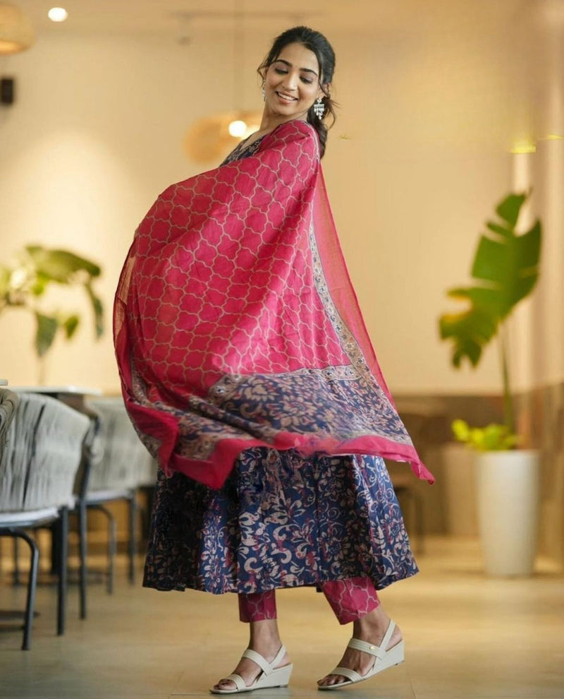 Elegant Navy Blue Floral Anarkali Kurta with Pink Dupatta – Festive Ethnic Wear