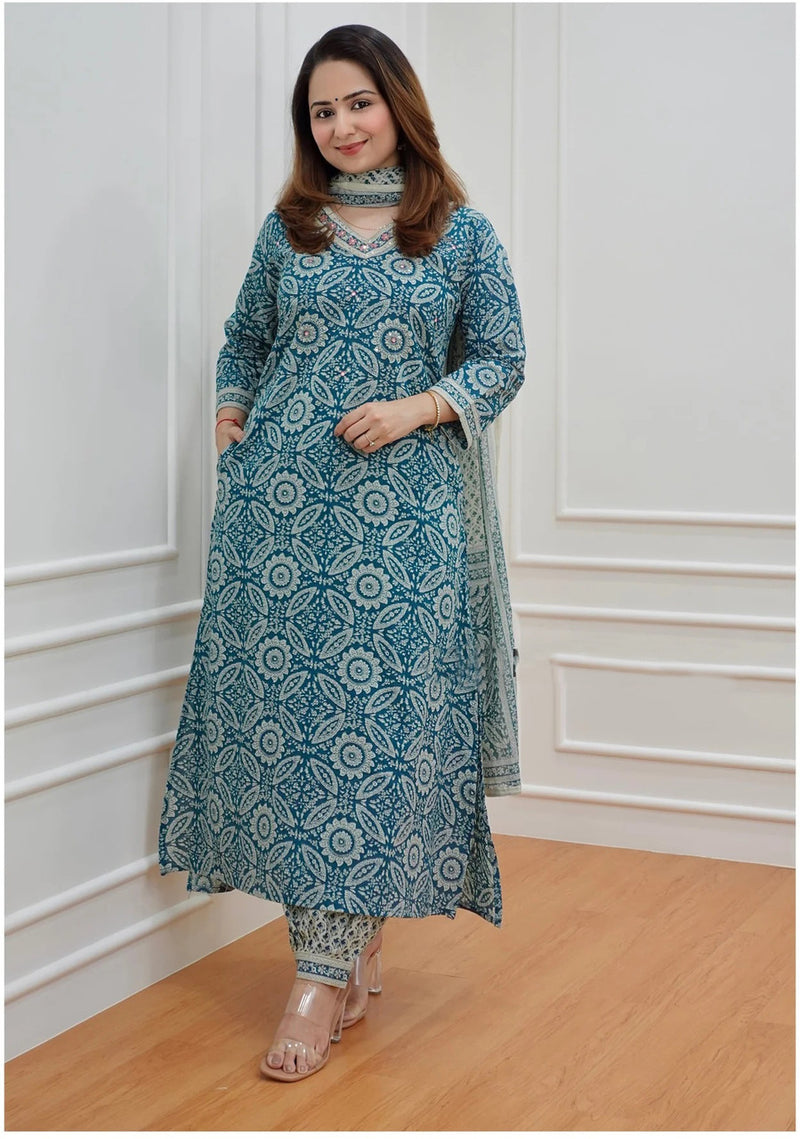 Women’s Printed Kurta Set with Dupatta | Designer Handwork Neck Design