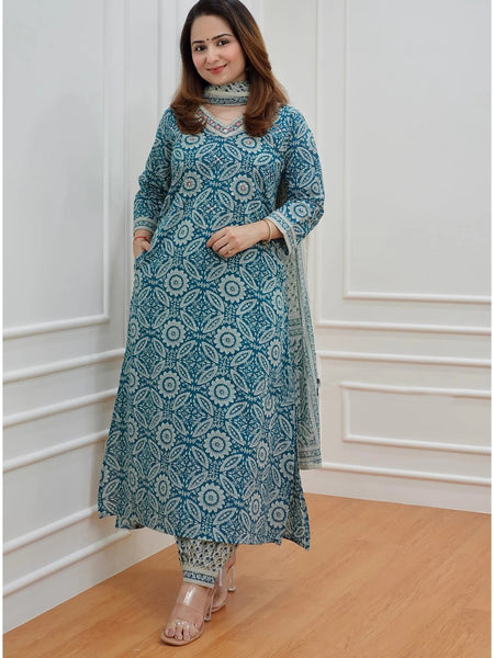 Women’s Printed Kurta Set with Dupatta | Designer Handwork Neck Design