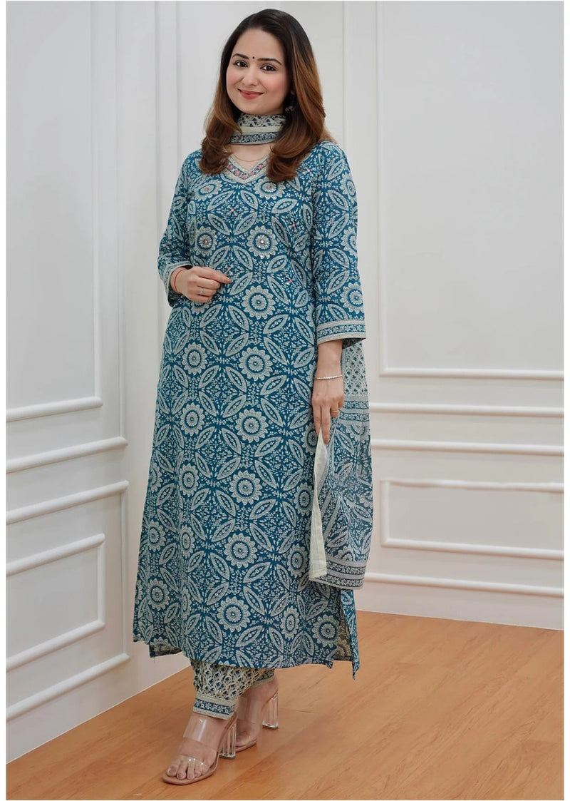 Women’s Printed Kurta Set with Dupatta | Designer Handwork Neck Design