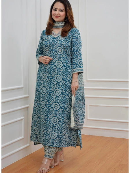 Women’s Printed Kurta Set with Dupatta | Designer Handwork Neck Design