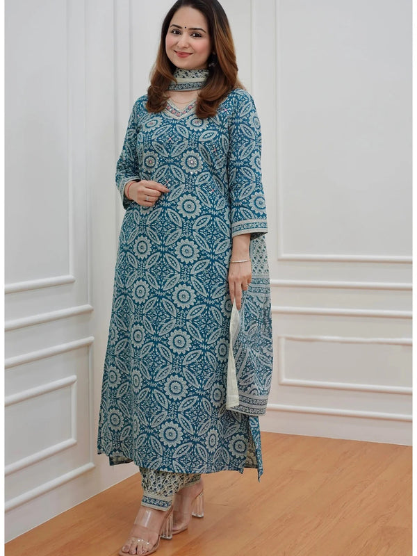 Women’s Printed Kurta Set with Dupatta | Designer Handwork Neck Design