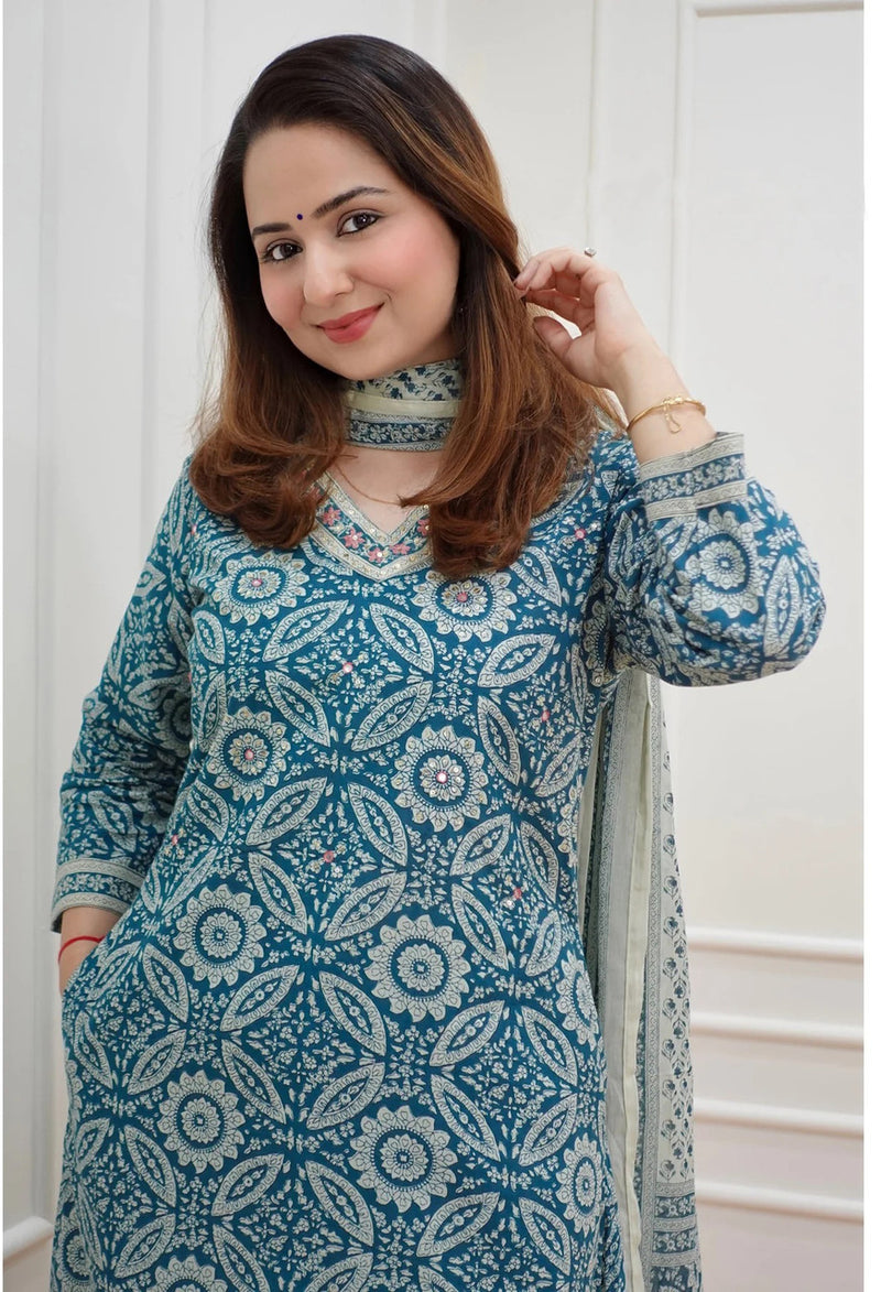 Women’s Printed Kurta Set with Dupatta | Designer Handwork Neck Design