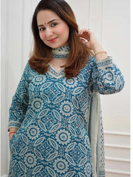 Women’s Printed Kurta Set with Dupatta | Designer Handwork Neck Design