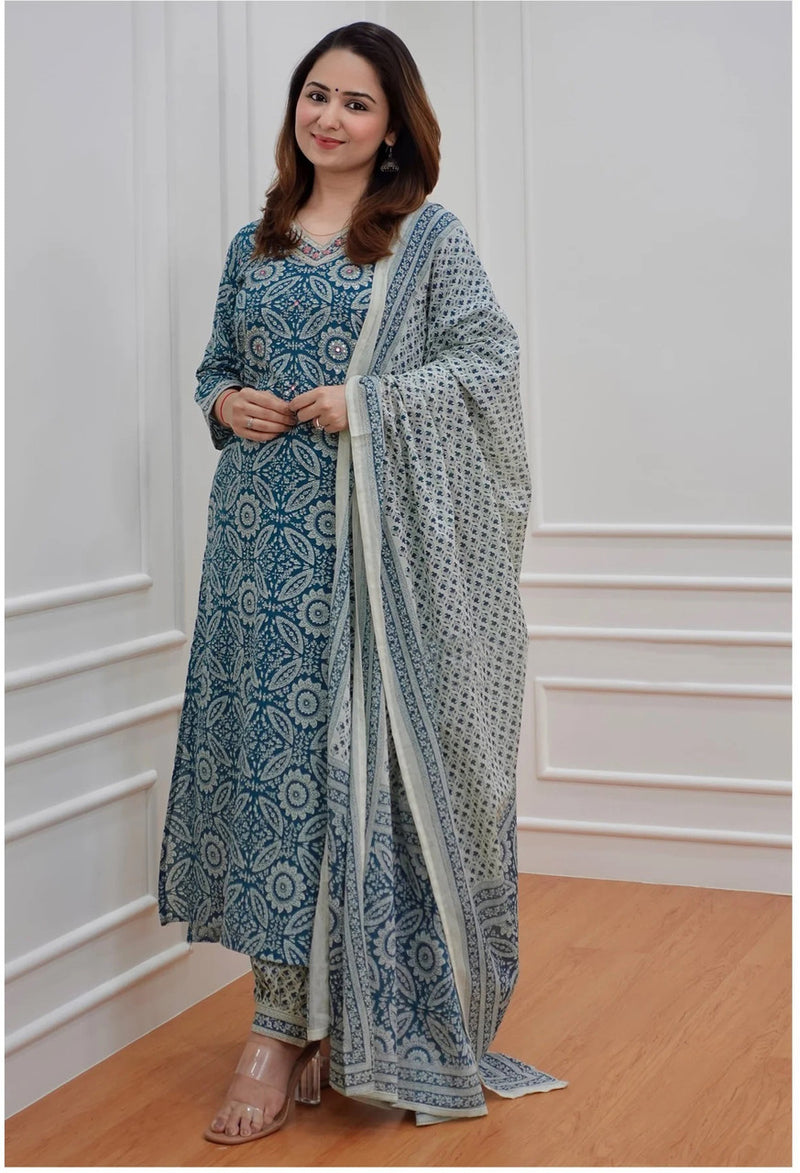 Women’s Printed Kurta Set with Dupatta | Designer Handwork Neck Design