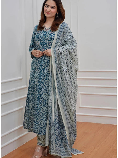 Women’s Printed Kurta Set with Dupatta | Designer Handwork Neck Design