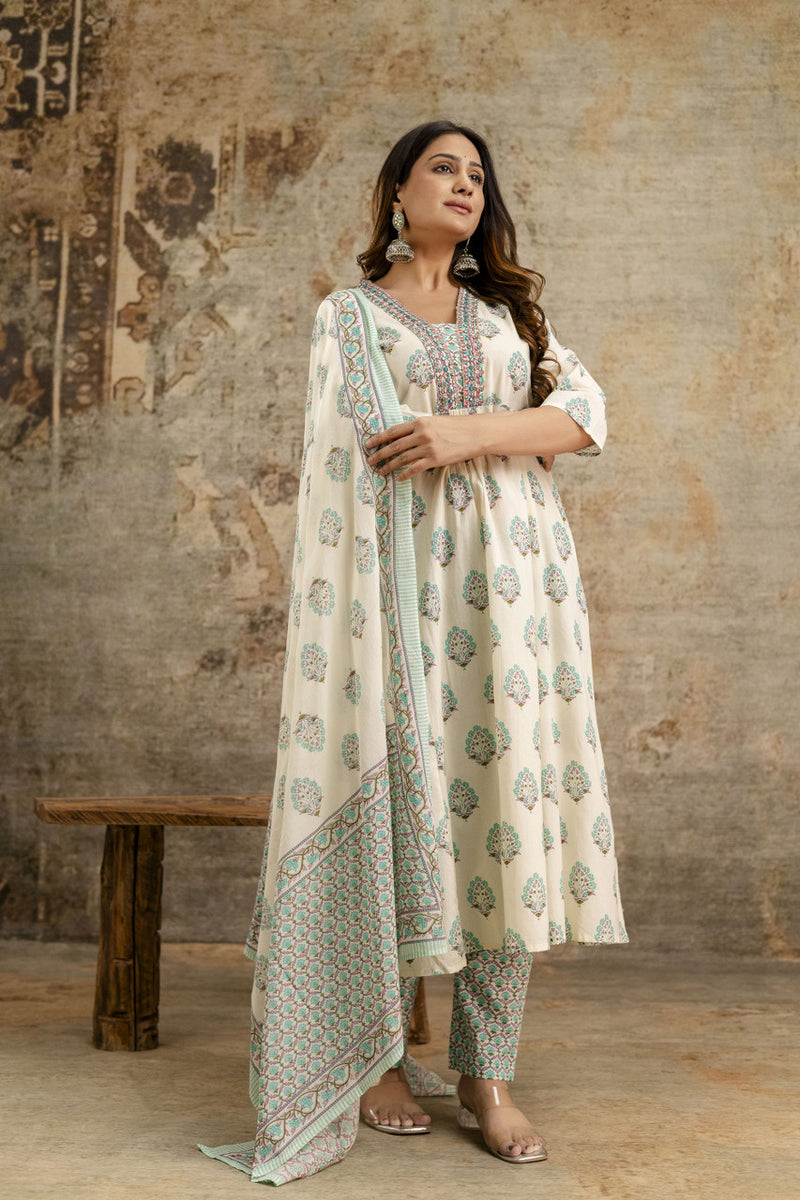 Women's cotton Anarkali Kurta with embroidery with pant and mulmul dupatta
