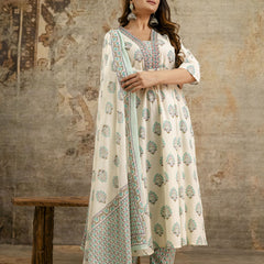 Women's cotton Anarkali Kurta with embroidery with pant and mulmul dupatta