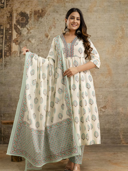 Women's cotton Anarkali Kurta with embroidery with pant and mulmul dupatta