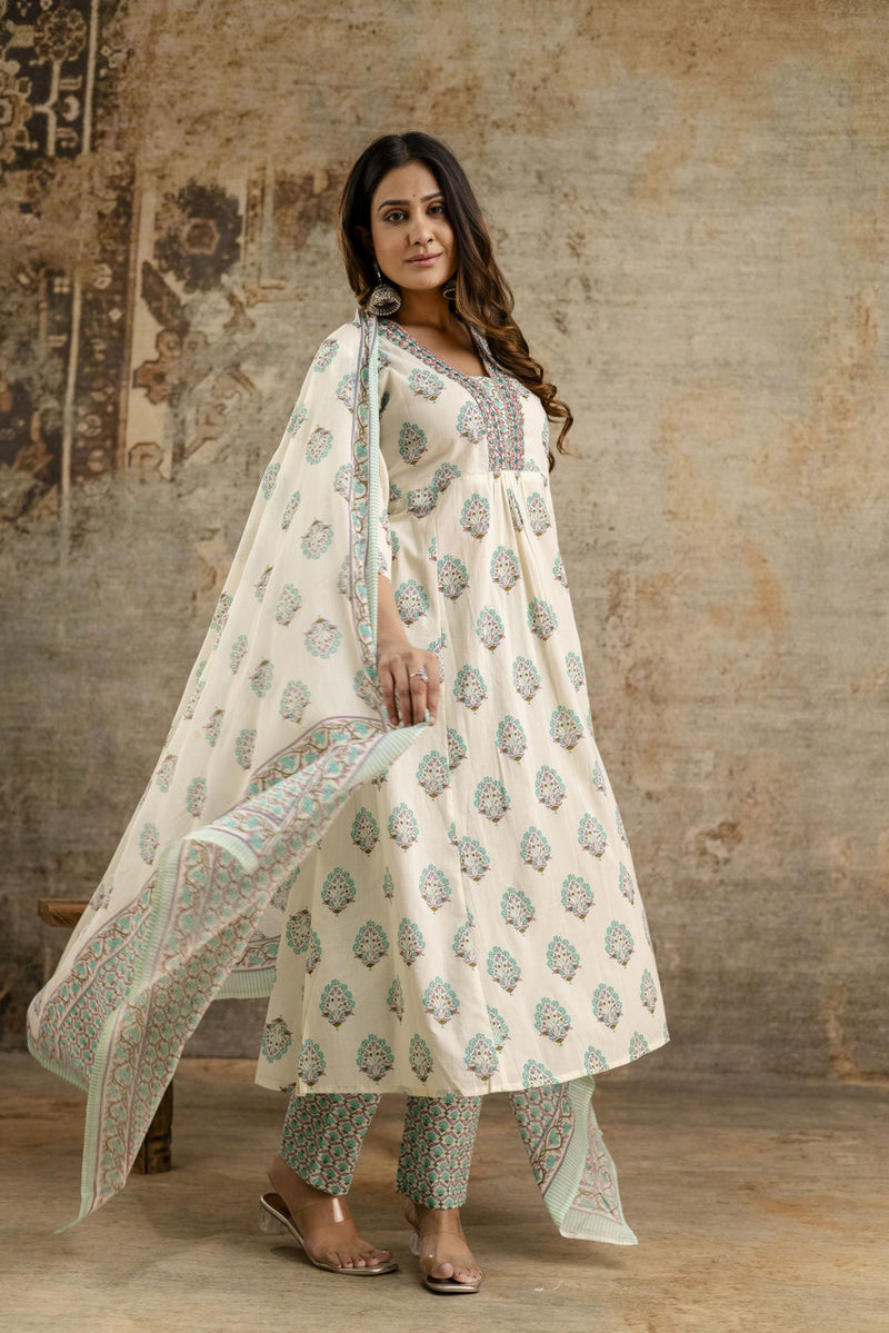 Women's cotton Anarkali Kurta with embroidery with pant and mulmul dupatta