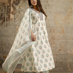 Women's cotton Anarkali Kurta with embroidery with pant and mulmul dupatta