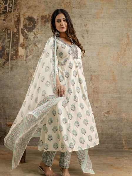 Women's cotton Anarkali Kurta with embroidery with pant and mulmul dupatta