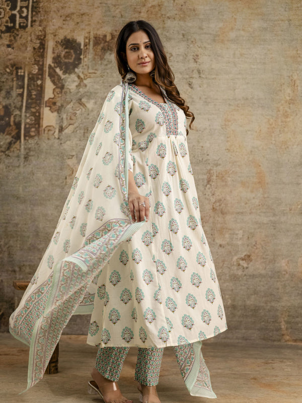 Women's cotton Anarkali Kurta with embroidery with pant and mulmul dupatta