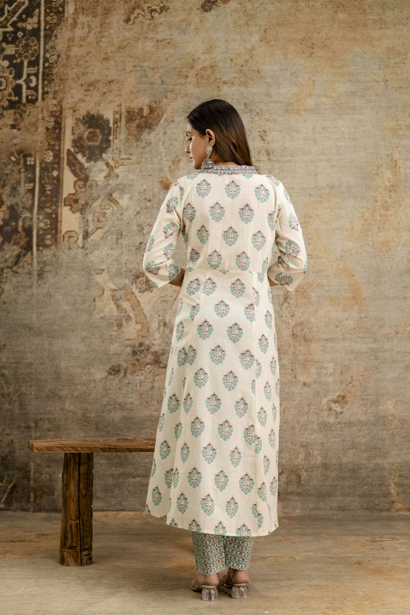 Women's cotton Anarkali Kurta with embroidery with pant and mulmul dupatta