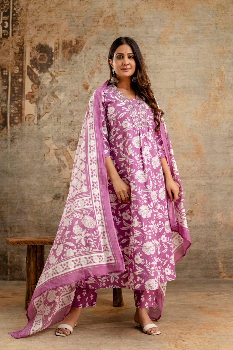 Women's cotton Anarkali Kurta with embroidery with pant and mulmul dupatta