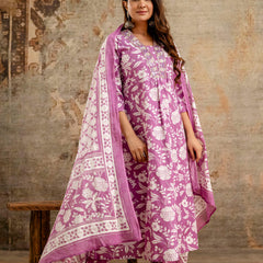 Women's cotton Anarkali Kurta with embroidery with pant and mulmul dupatta