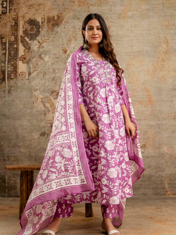 Women's cotton Anarkali Kurta with embroidery with pant and mulmul dupatta