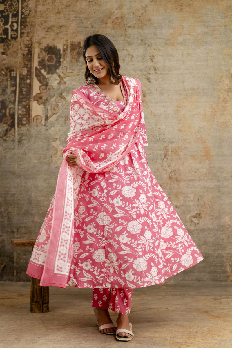 Women's cotton Anarkali Kurta with embroidery with pant and mulmul dupatta