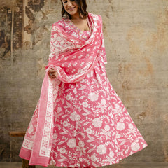 Women's cotton Anarkali Kurta with embroidery with pant and mulmul dupatta